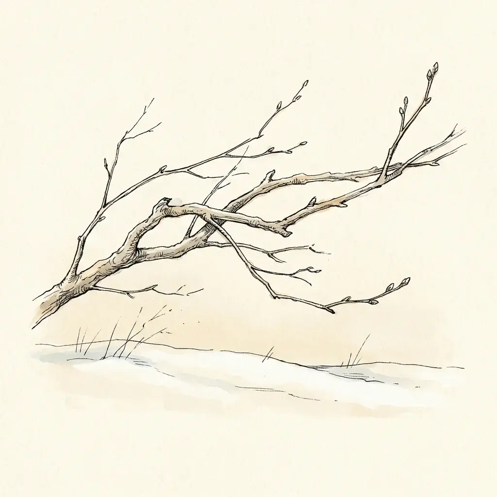 A fine line illustration of a single bare branch set against a warm-toned, snow-covered ground.
